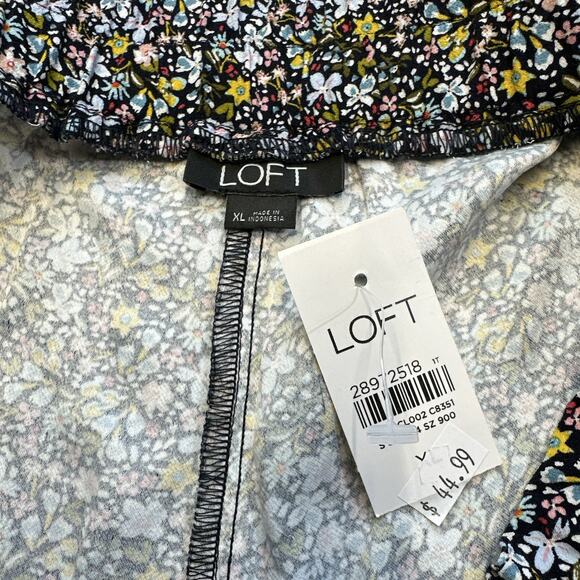 LOFT Pants Womens XL Black Floral Cropped Pull On Wide‎ Leg Boho Cottagecore New - Picture 2 of 7